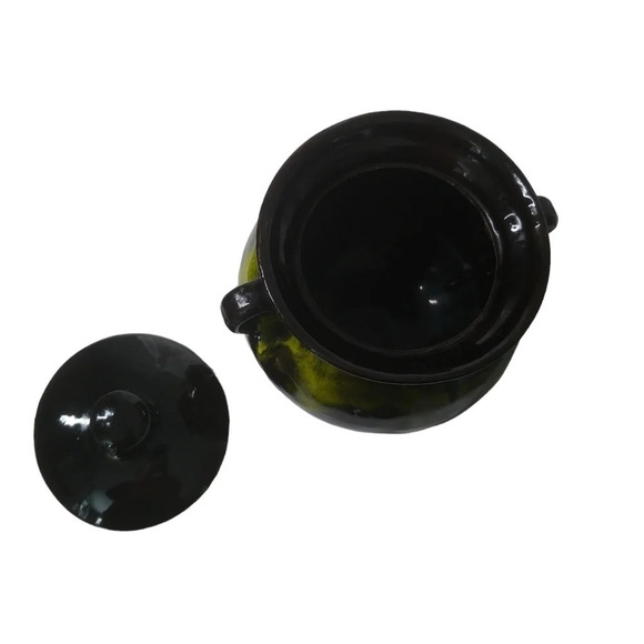 Vintage Glazed Soup Pot/Witch  Cauldron With Lid Handles Black Brown Green - Picture 5 of 8